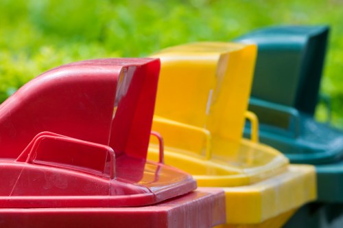 Various types of demolition waste materials sorted for recycling